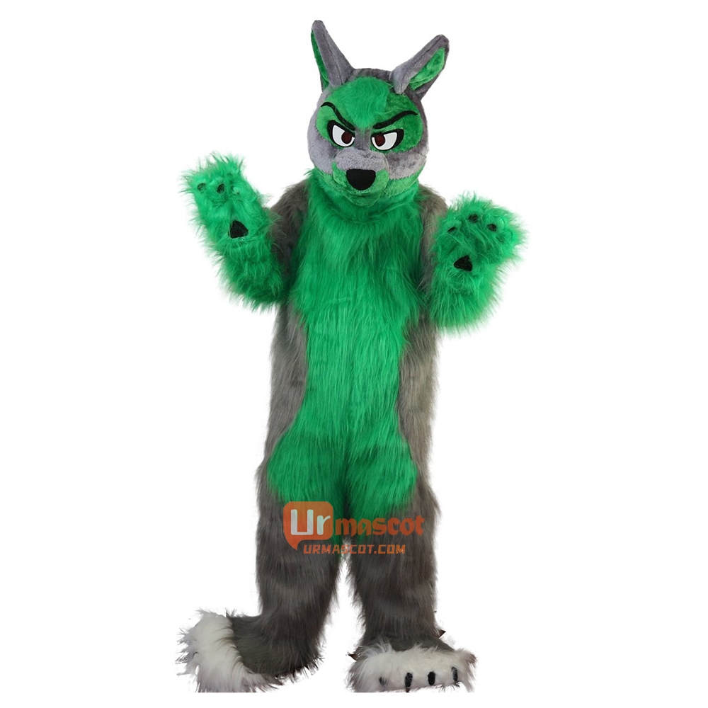 Long Hair Green Wolf Cartoon Mascot Costume Plush with Mask