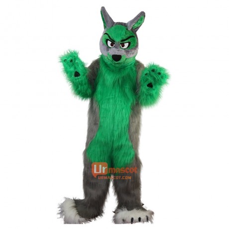 Long Hair Green Wolf Cartoon Mascot Costume Plush with Mask